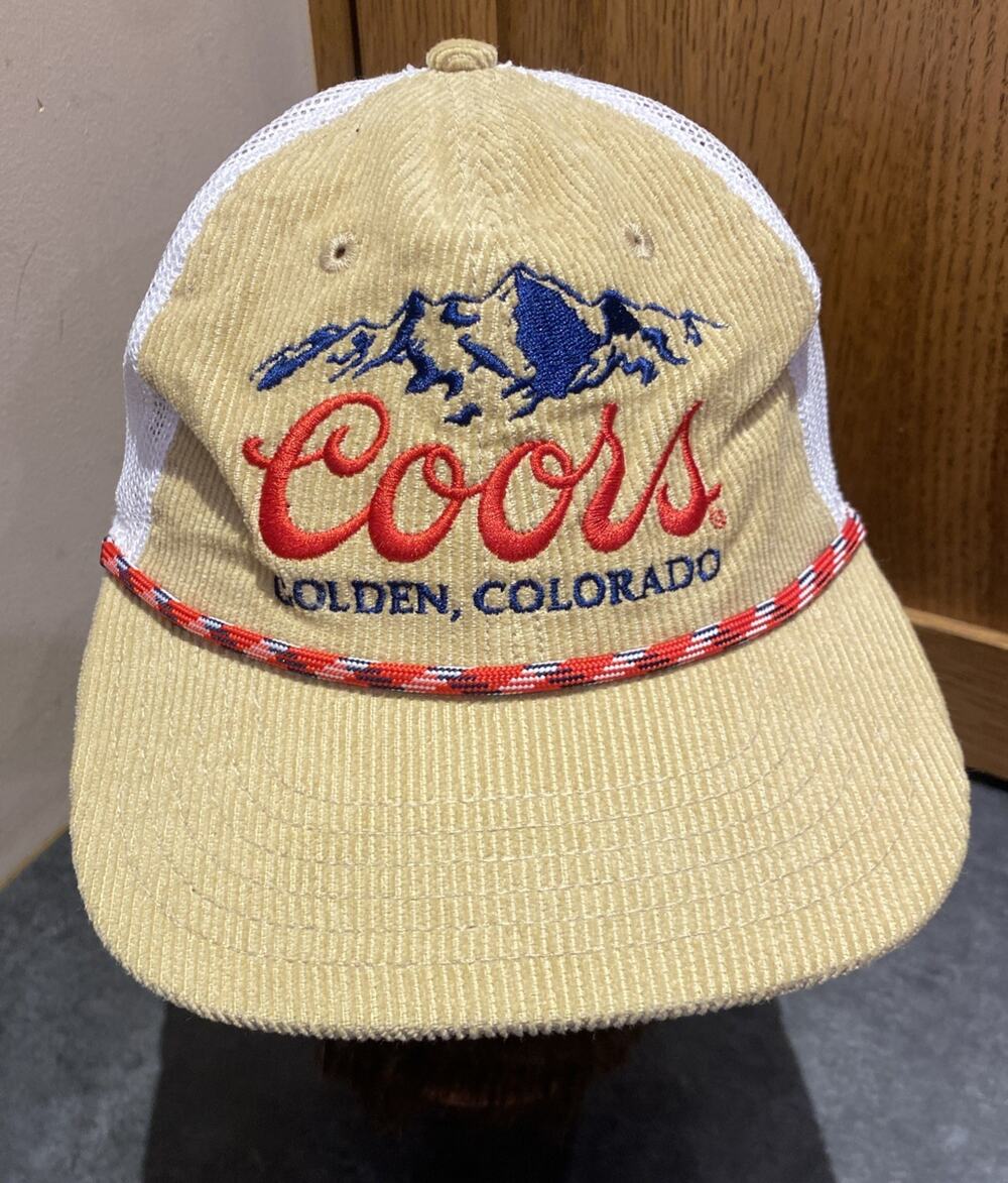 Coors Banquet Beer Trucker Hat Mad Engine Corduroy Snapback Tan Cream EUC